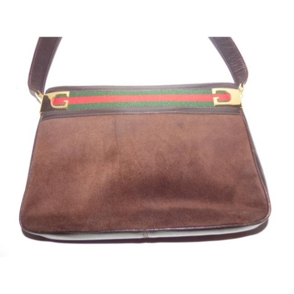 Gucci Vintage Brown Suede Leather Shoulder Bag with Red And Green - Picture 2 of 12